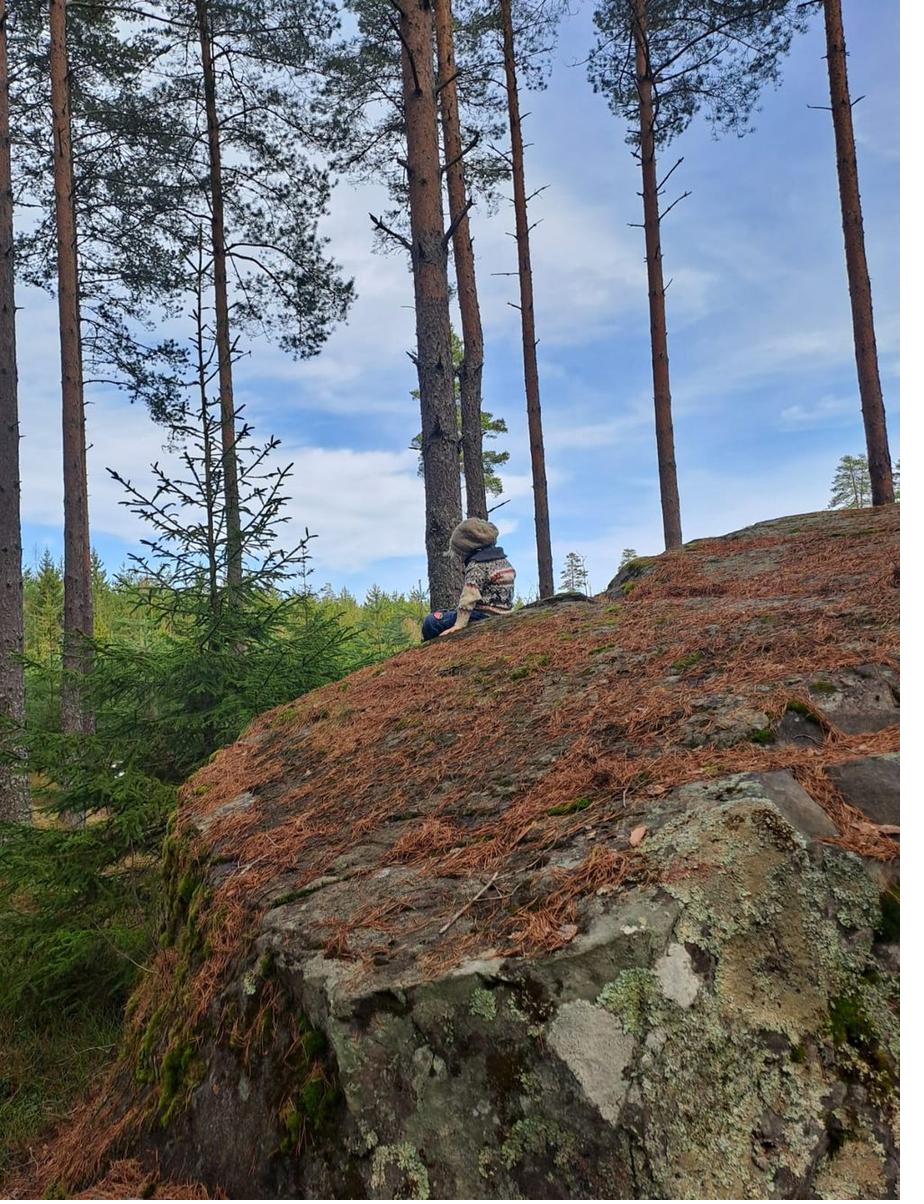 Kind sitzt auf einem Felsen in schwedischer Natur